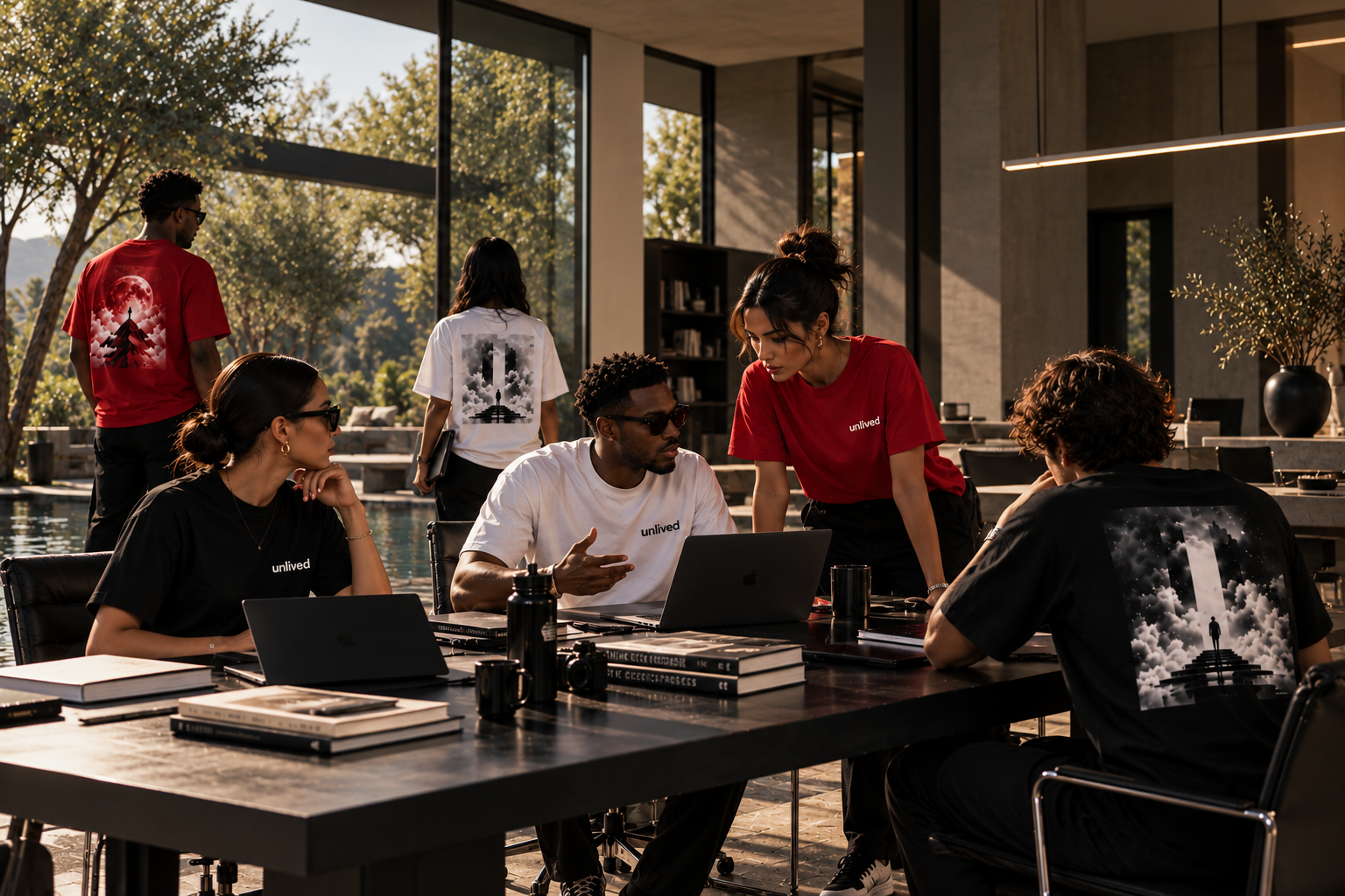 Équipe créative UNLIVED portant les t-shirts noirs, blancs et rouges dans un espace de travail